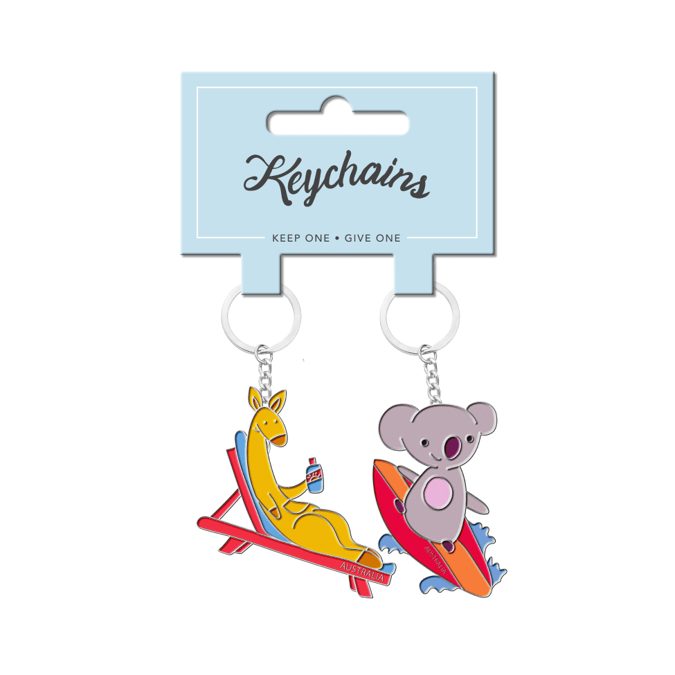 Sun Tanning Kangaroo and Koala Surf Keychain 2pk