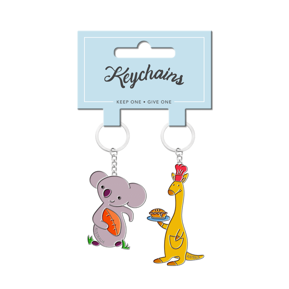 Koala playing Rugby and Kangaroo Pie Keychain 2pk